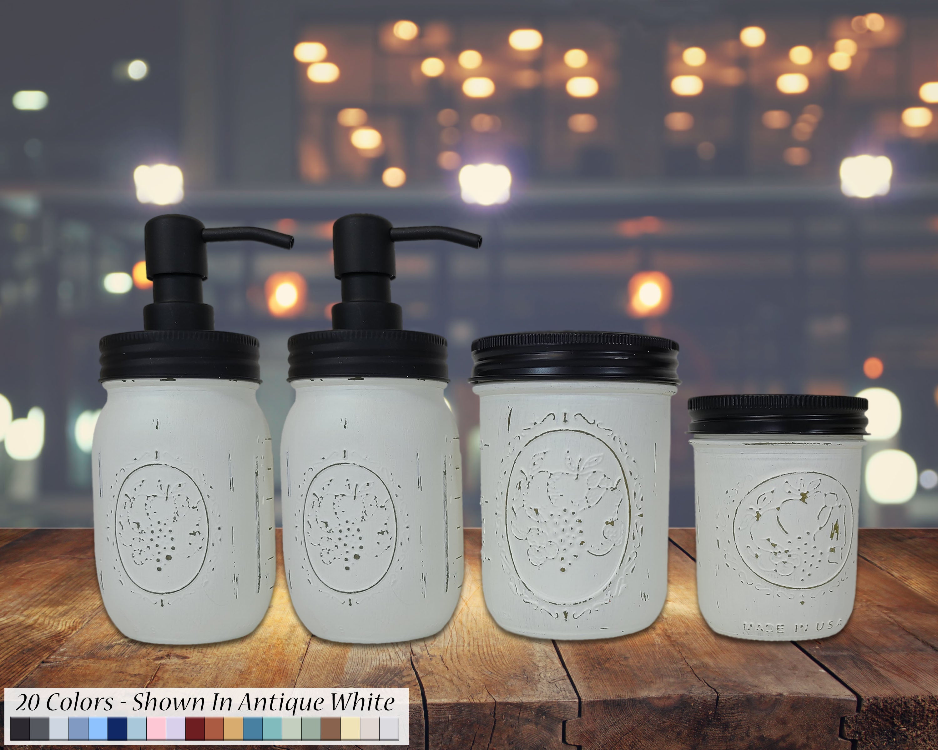 Custom Painted Mason Jar Bathroom Sets, Shown in Antique White with Black Lids