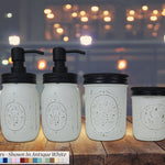 Custom Painted Mason Jar Bathroom Set, 20 Paint Colors, Shown in Antique White with Black Lids