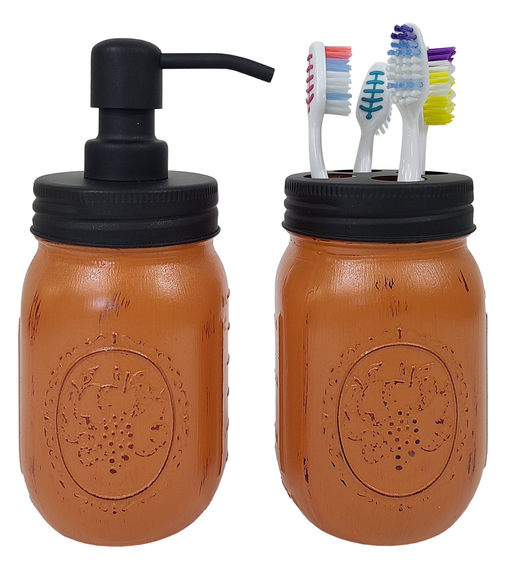 Mason Jar Soap Pump & Toothbrush Holder Set, Shown in Burnt Orange with Black Lids