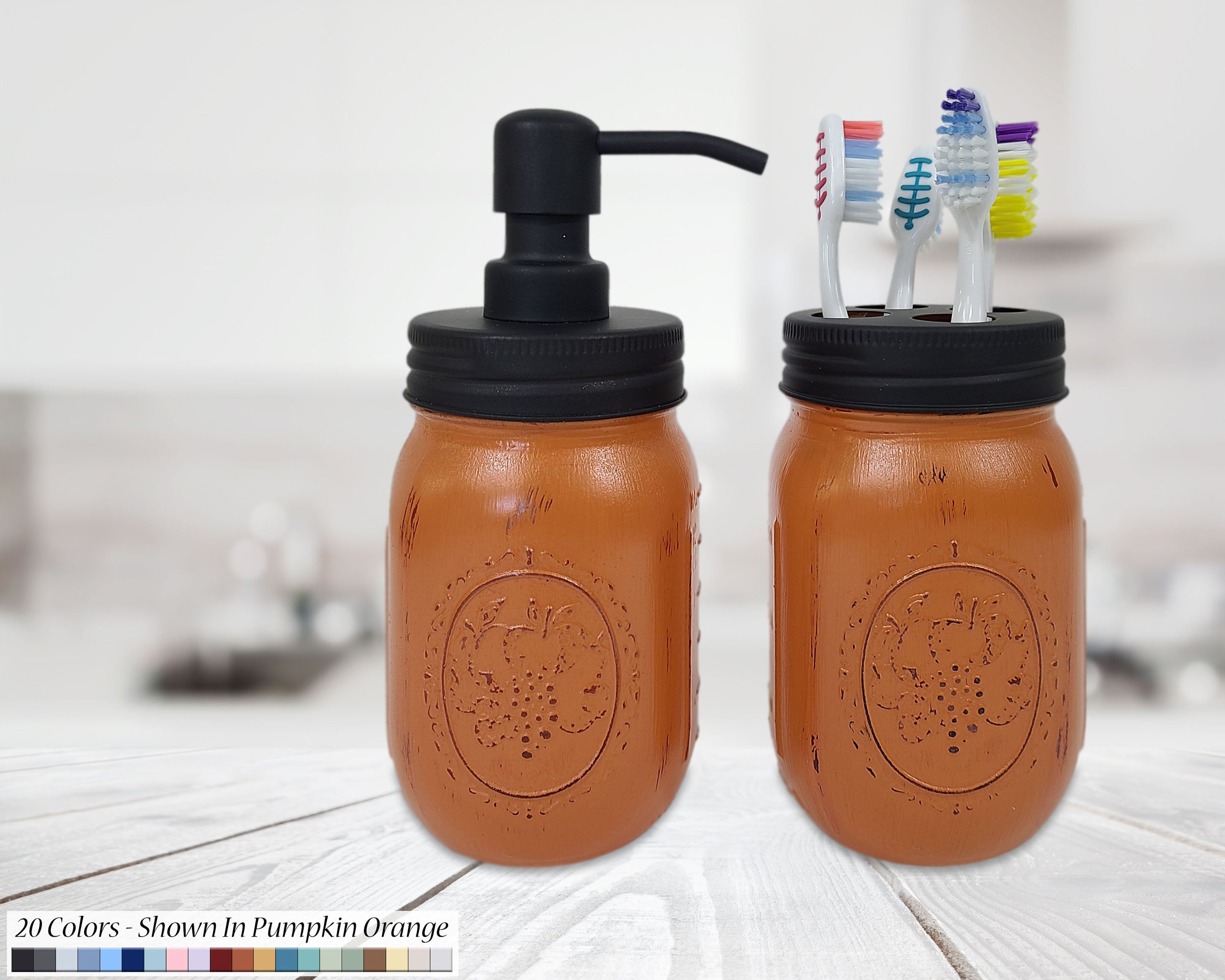 Mason Jar Soap Pump & Toothbrush Holder Set, Handmade in the USA