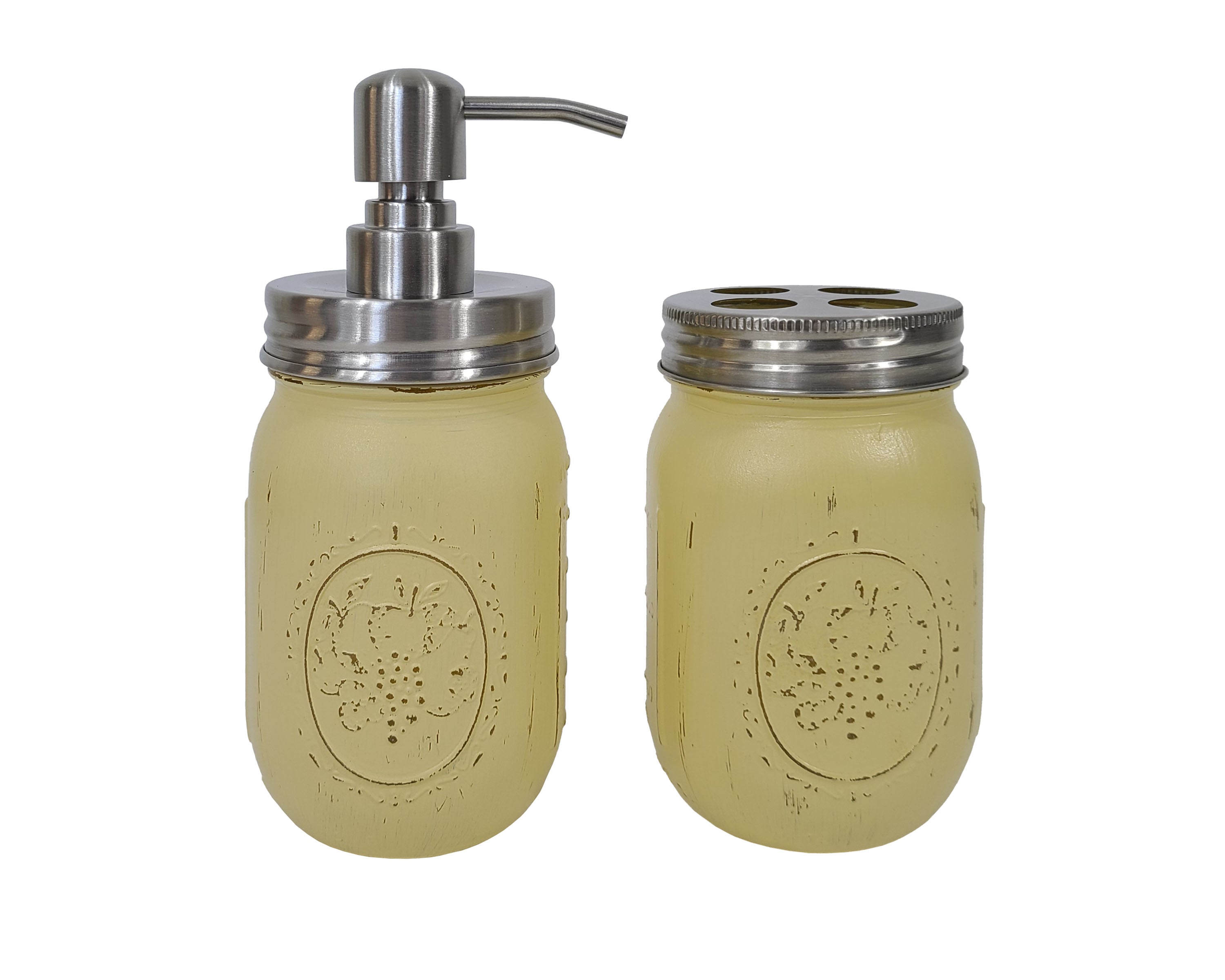 Mason Jar Soap Pump & Toothbrush Holder Set, Shown in Canary Yellow with Silver Lids