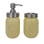 Mason Jar Soap Pump & Toothbrush Holder Set, Shown in Canary Yellow with Silver Lids