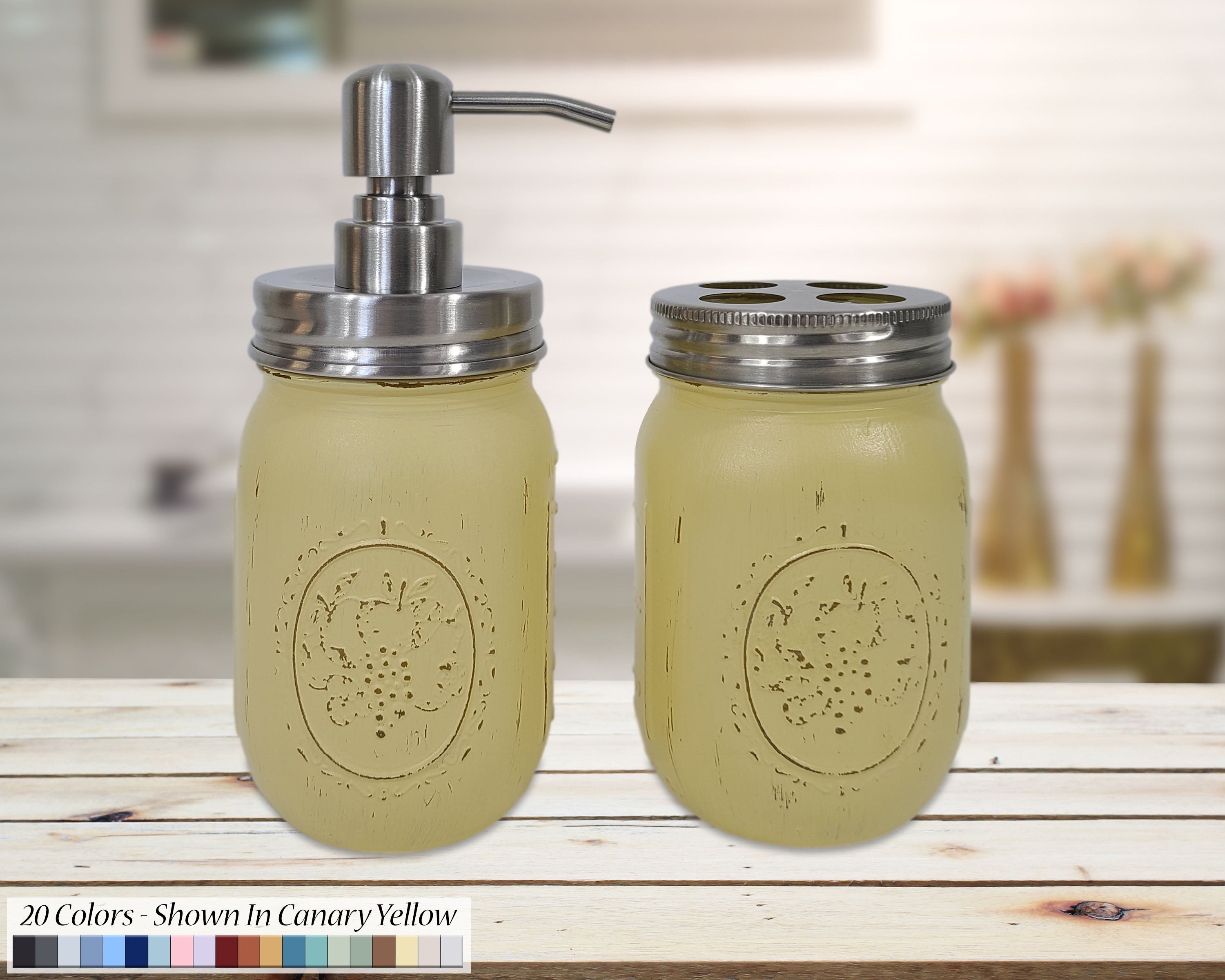 Toothbrush and Pump Lid Mason Jar Set, 20 Paint Colors Shown in Canary Yellow with Silver Lids