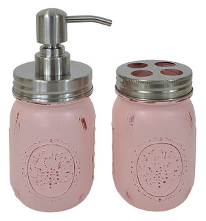 Toothbrush and Pump Lid Mason Jar Set, 20 Paint Colors Shown in Perfect Pink with Silver Lids