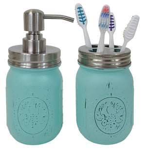 Mason Jar Soap Pump & Toothbrush Holder Set, Shown in Sea Blue with Silver Lids