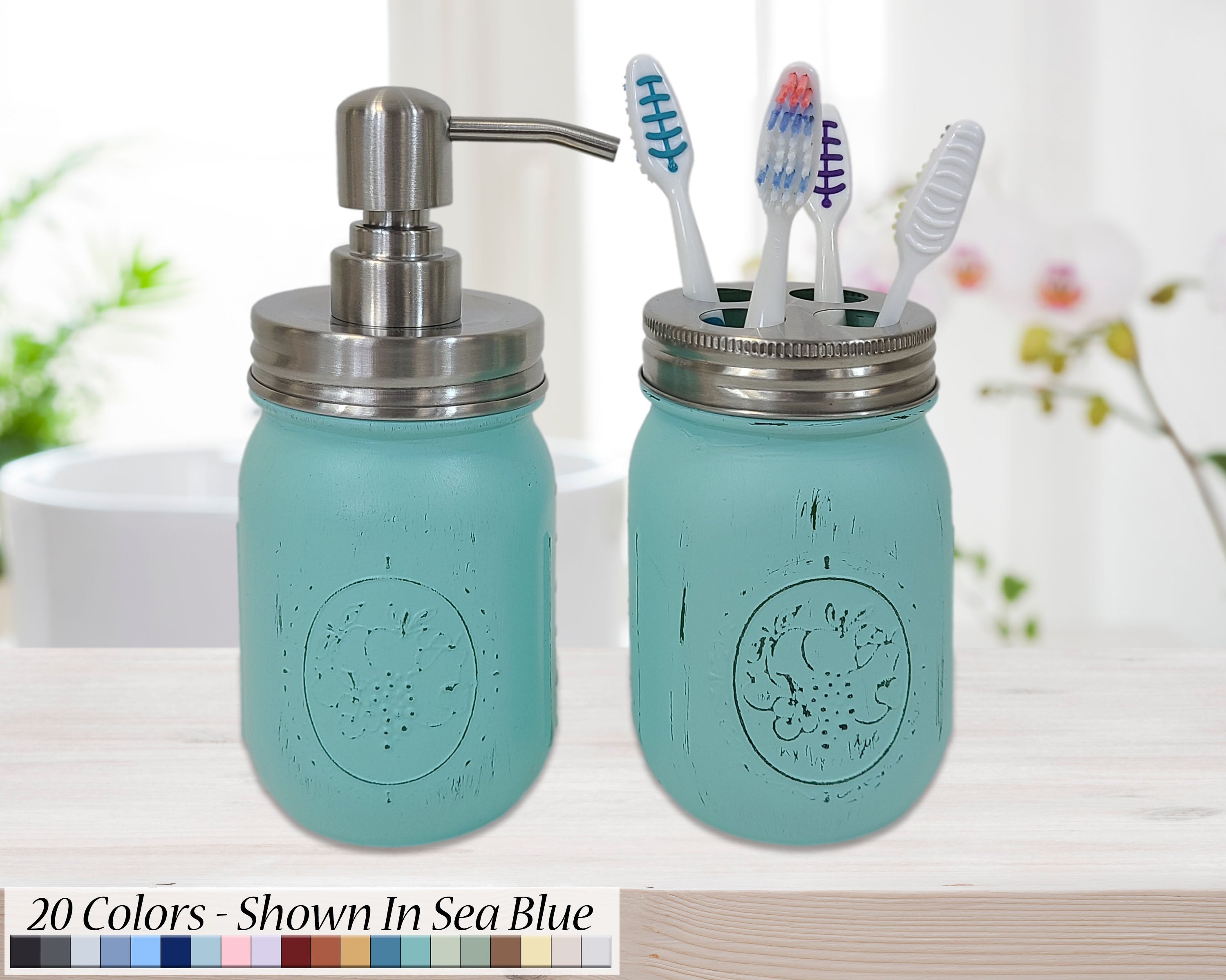 Toothbrush and Pump Lid Mason Jar Set, Shown in Sea Blue with Silver Lids
