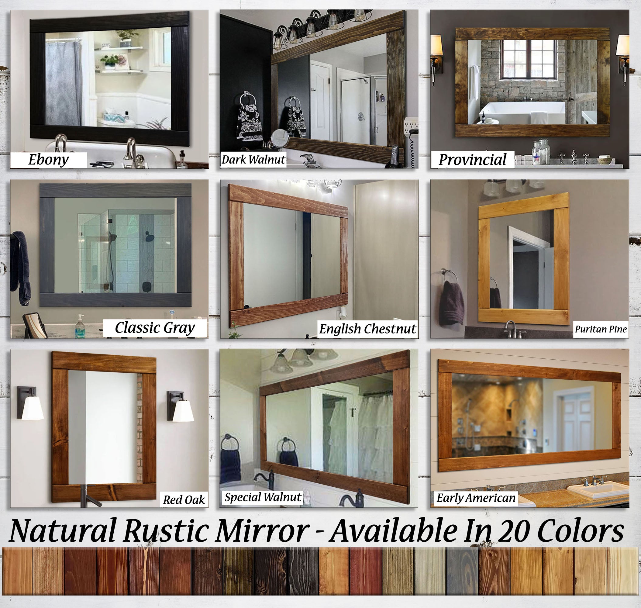 Natural Rustic Wood Framed Mirror, 20 Stain Colors - Shown In Classic Gray