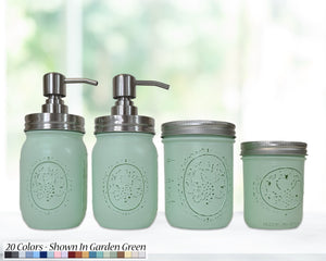 Custom Painted Mason Jar Bathroom Sets, Shown in Garden Green with Silver Lids, Lane of Lenore