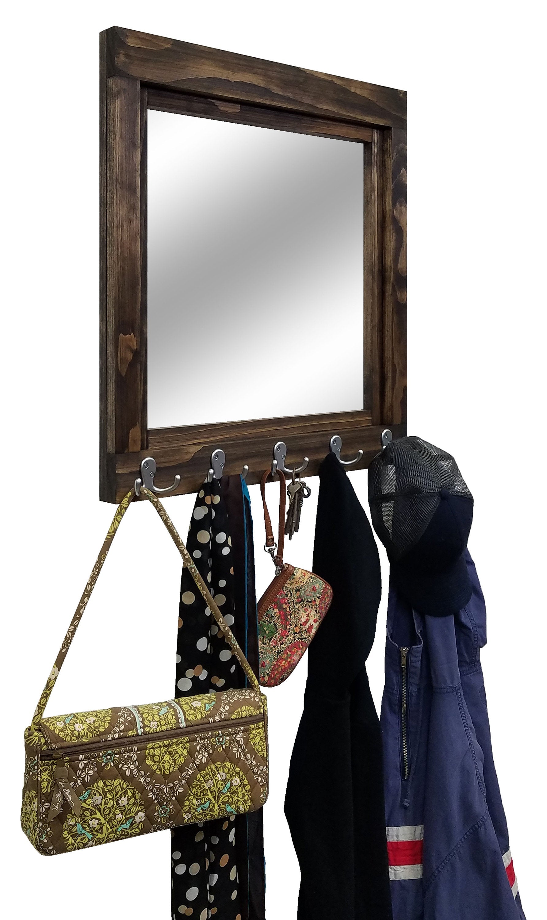 Reading Mirror with Wall Hooks, Coat Rack, Decorative Mirror, Entryway Organizer, Key Holder, Coat Hooks - Renewed Decor & Storage