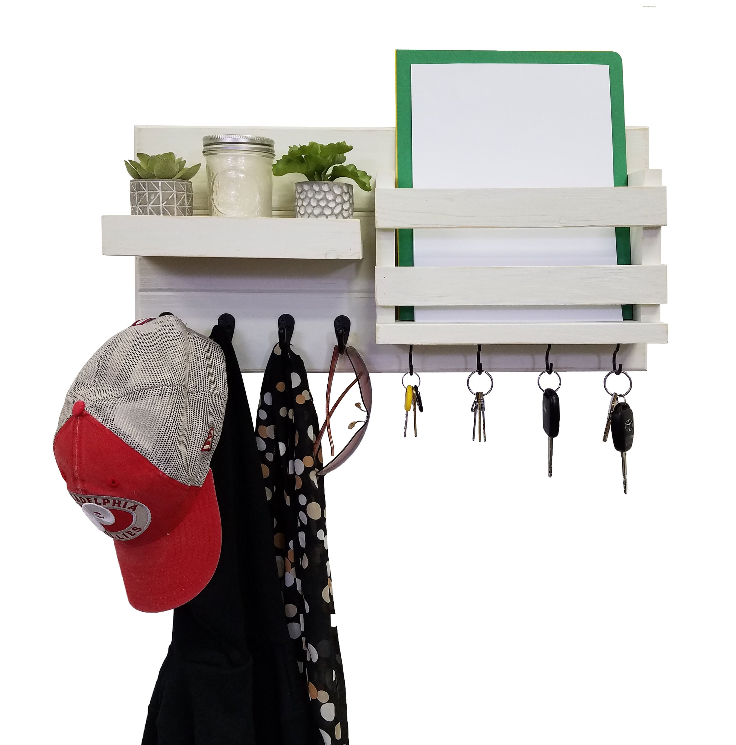 Restyled Farmhouse Mail Organizer with Hooks, Entryway Organizer, Key Holder for Wall, Wall Shelf - Renewed Decor & Storage