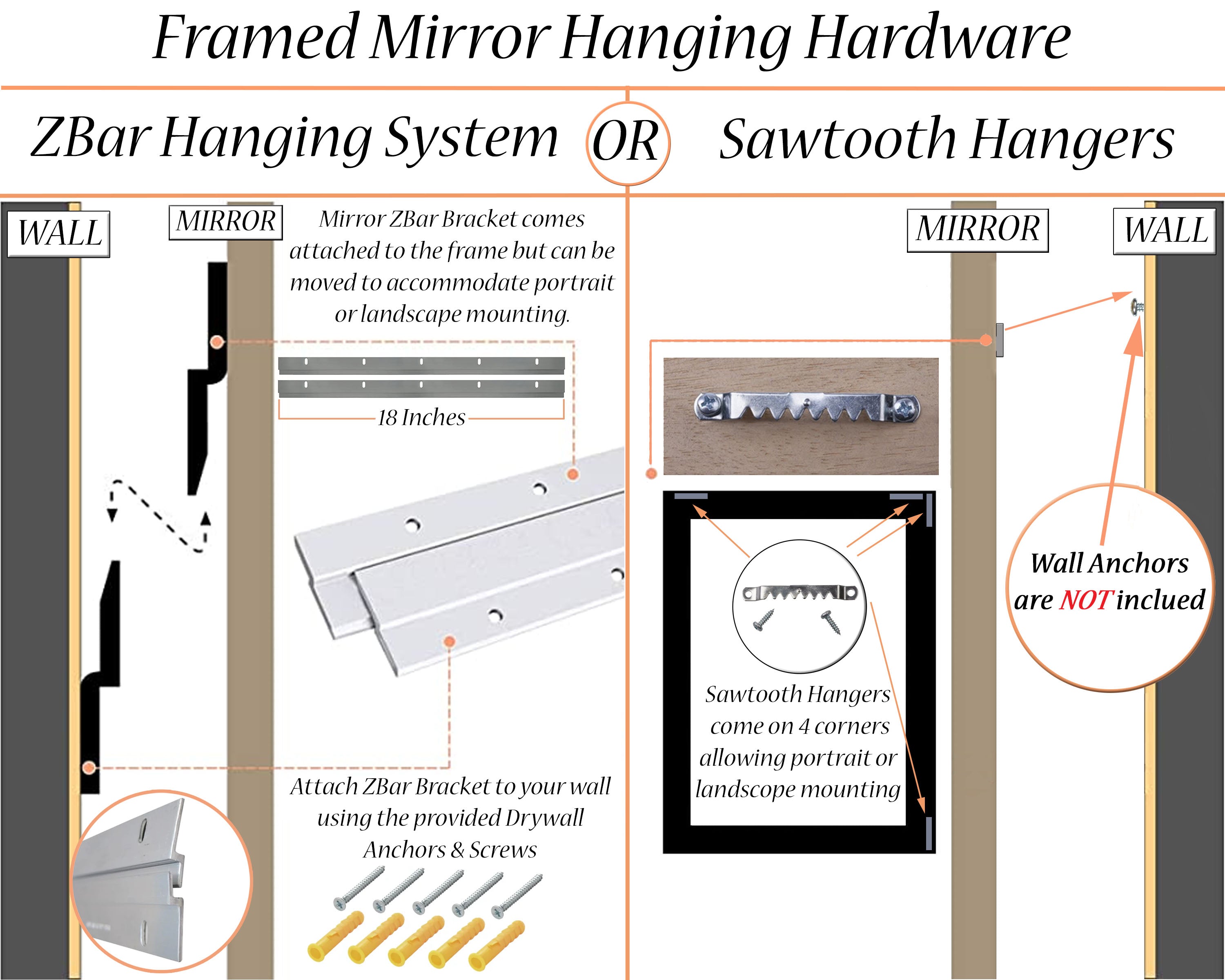 Mirror Hanging Hardware, ZBar System & Sawtooth Hangers