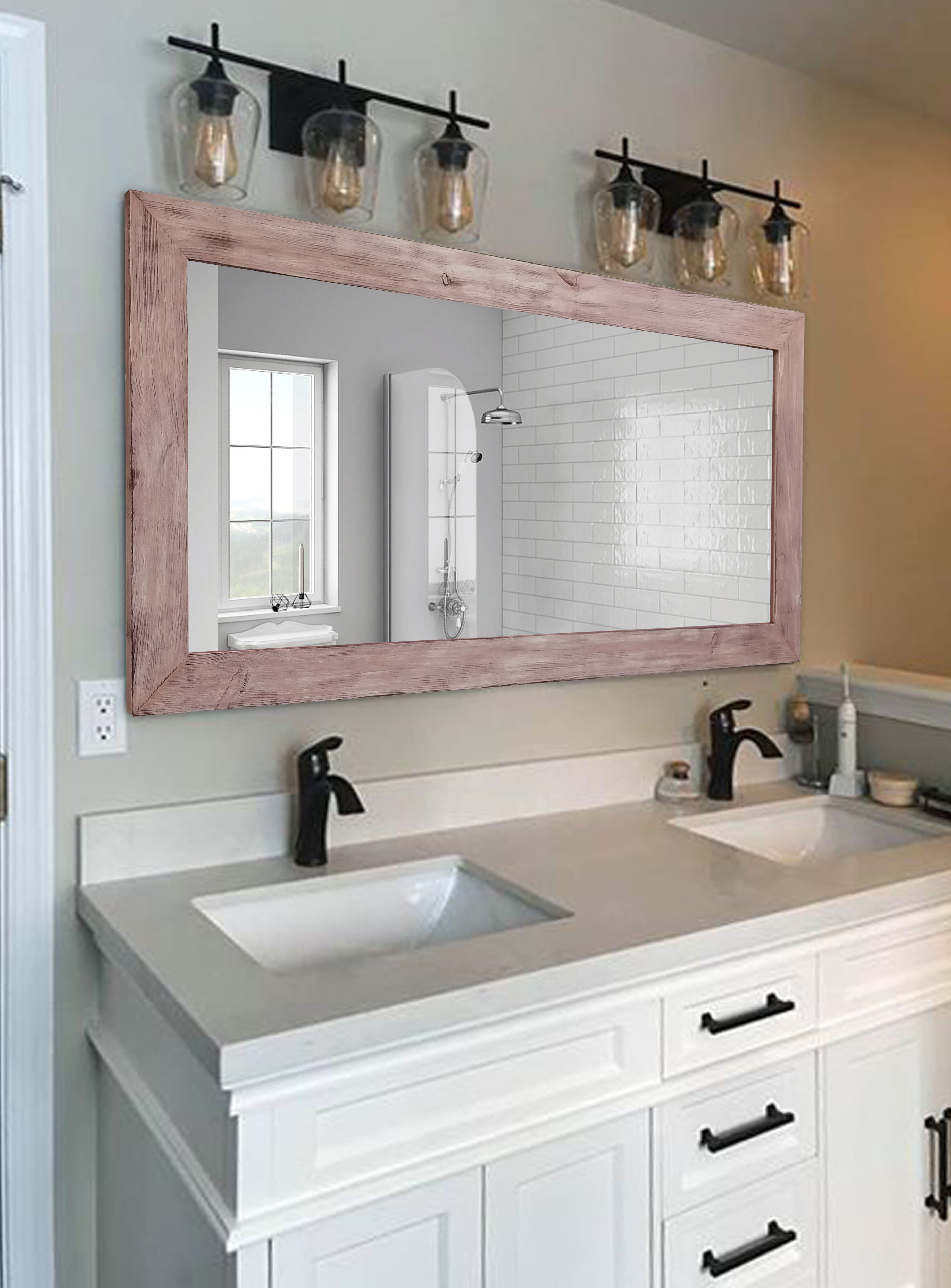 Accent Bracket Shiplap Rustic Framed Wall Mirror, 2 Colors, Shown in Vintage Red Oak & Custom Sizes 
