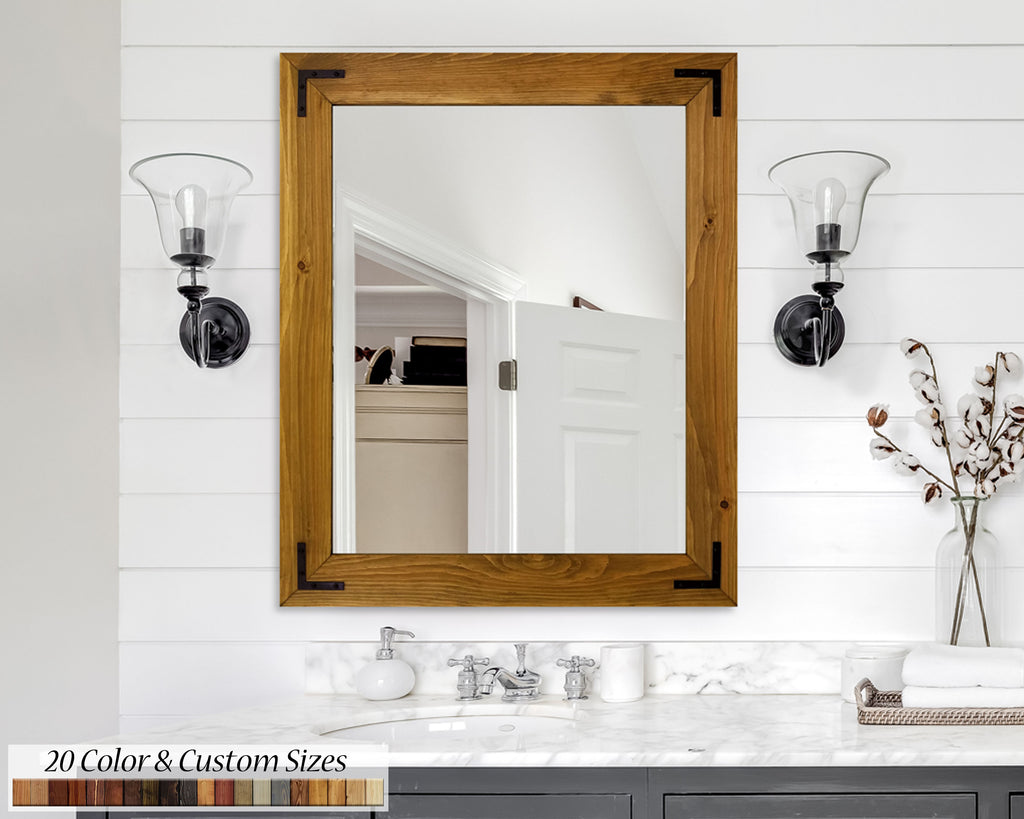 Accent Bracket Shiplap Rustic Framed Wall Mirror, 20 Colors, Shown in Driftwood & Custom Sizes 