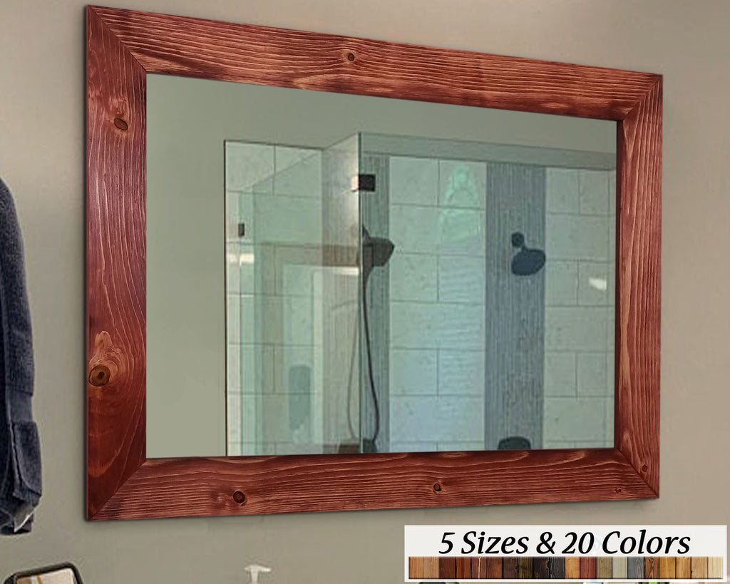 Shiplap Rustic Wood Framed Mirror, 20 Stain Colors - Shown In Sedona Red