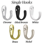 Single Hooks in 5 Finishes, Oiled Bronze, Nickel, Chrome, Brass, White