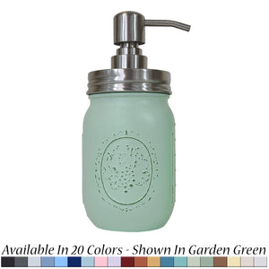 Mason Jar Pump Dispenser Hand Painted, Shown in Garden Green with Silver Lid