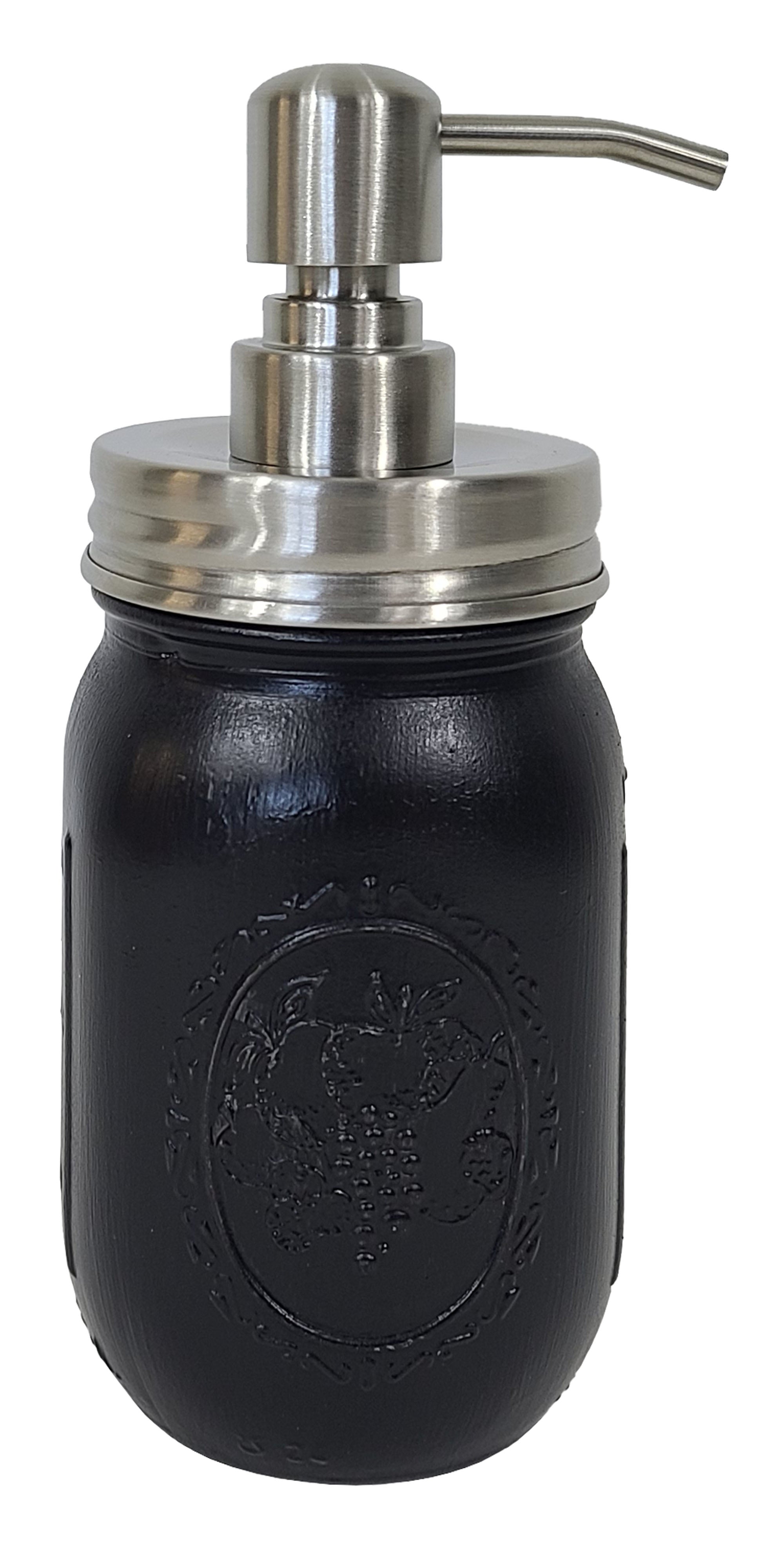 Mason Jar Pump Dispenser Hand Painted, Shown in Kettle Black with Silver Lid