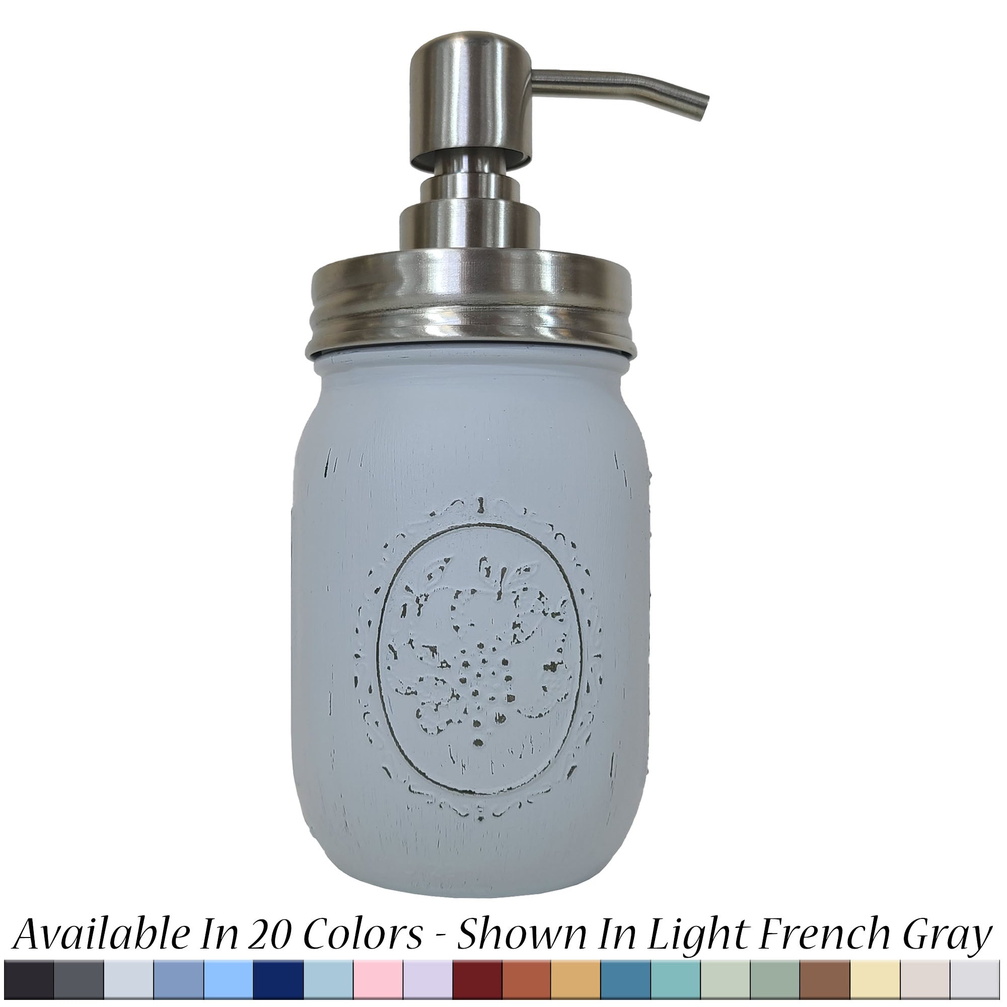 Mason Jar Pump Dispenser Hand Painted, Shown in Light French Gray with Silver Lid