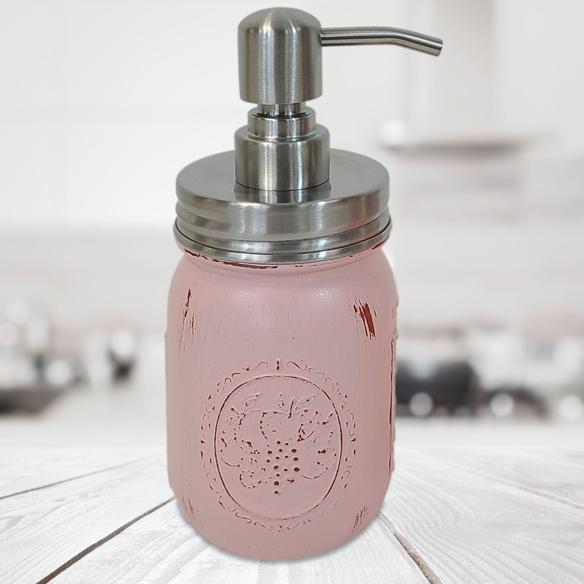 Mason Jar Pump Dispenser Hand Painted, Shown in Perfect Pink with Silver Lid