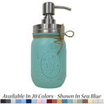 Mason Jar Pump Dispenser Hand Painted, Shown in Sea Blue with Silver Lid