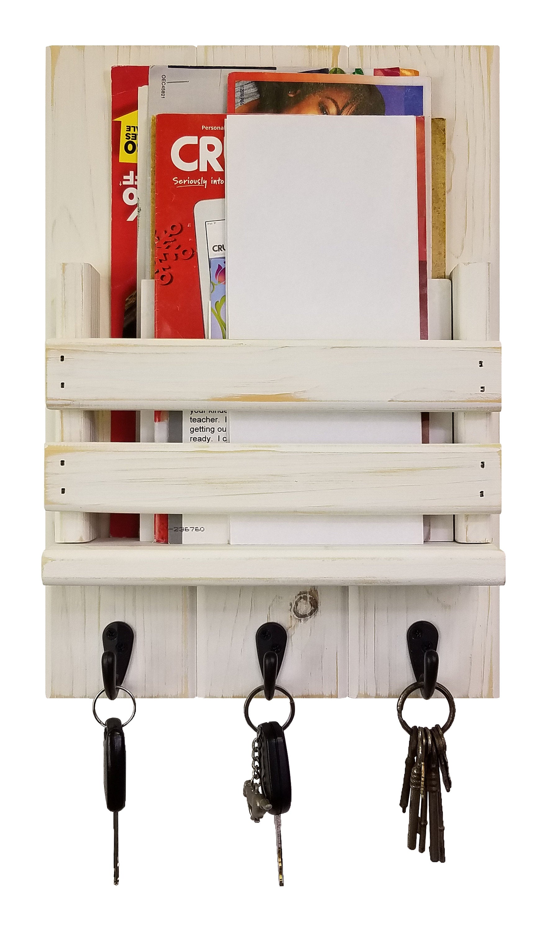 Sydney Slat Front, Mail Holder Organizer and Key Holder, Available with up to 3 Single Key Hooks – 20 Colors: Shown in Antique White - Renewed Decor & Storage