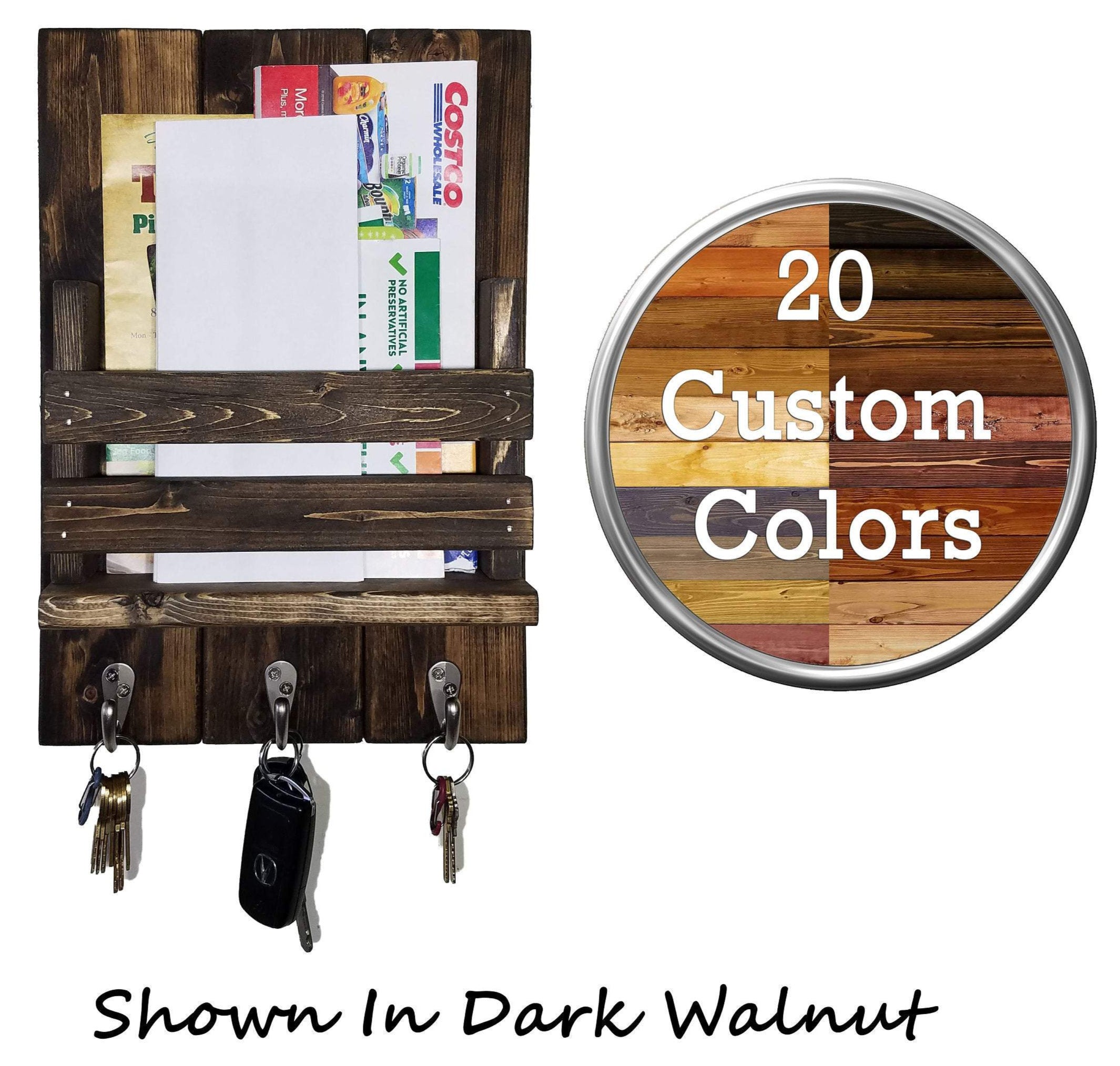 Sydney Slat Front, Mail Holder Organizer and Key Holder, Available with up to 3 Single Key Hooks – 20 Custom Colors: Shown in Dark Walnut - Renewed Decor & Storage