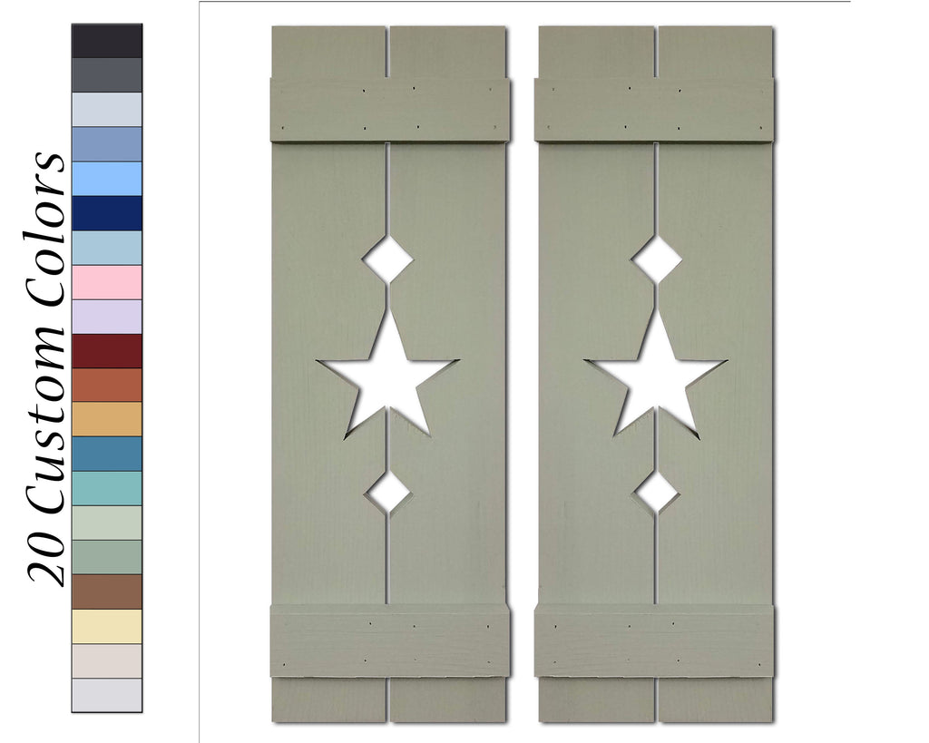 Amish Star Wooden Shutters - 20 Paint Colors, Shown in Avocado Green, Lane of Lenore