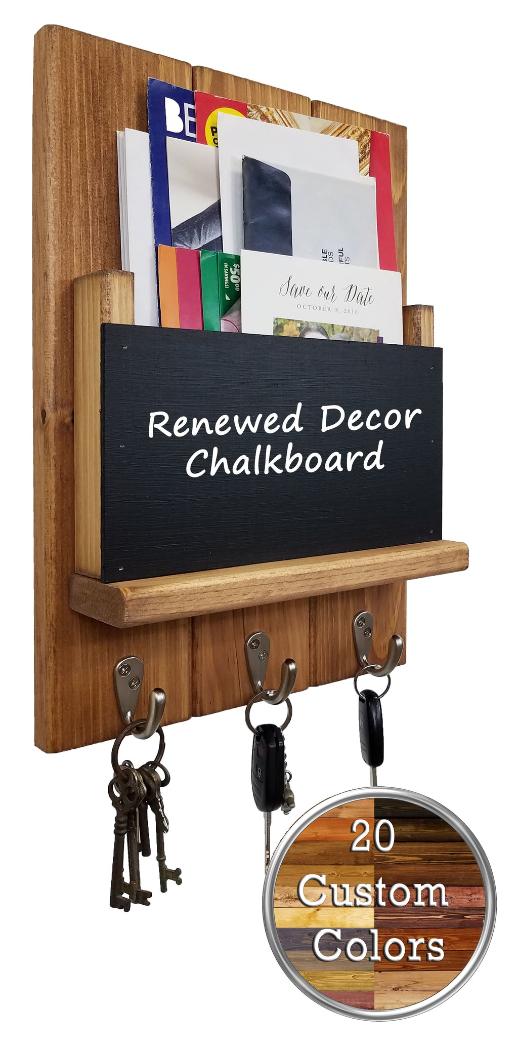 Chalkboard Front Sydney Mail Slot with Hooks, 20 Stain Colors, 5 Hook Finishes, Lane of Lenore