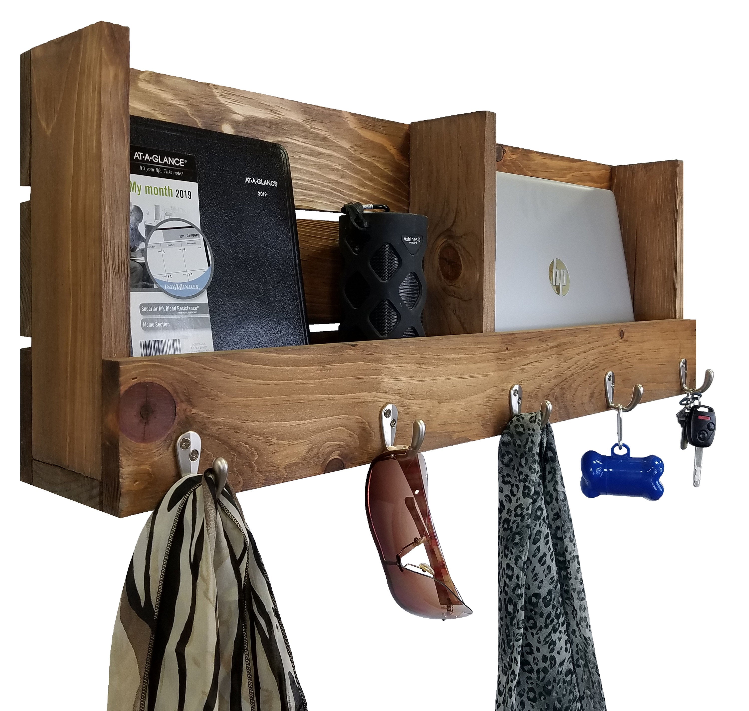 Union Barn Large Double Wall Bin Organizer with Hooks, Key Hook, Mail Holder - Renewed Decor & Storage