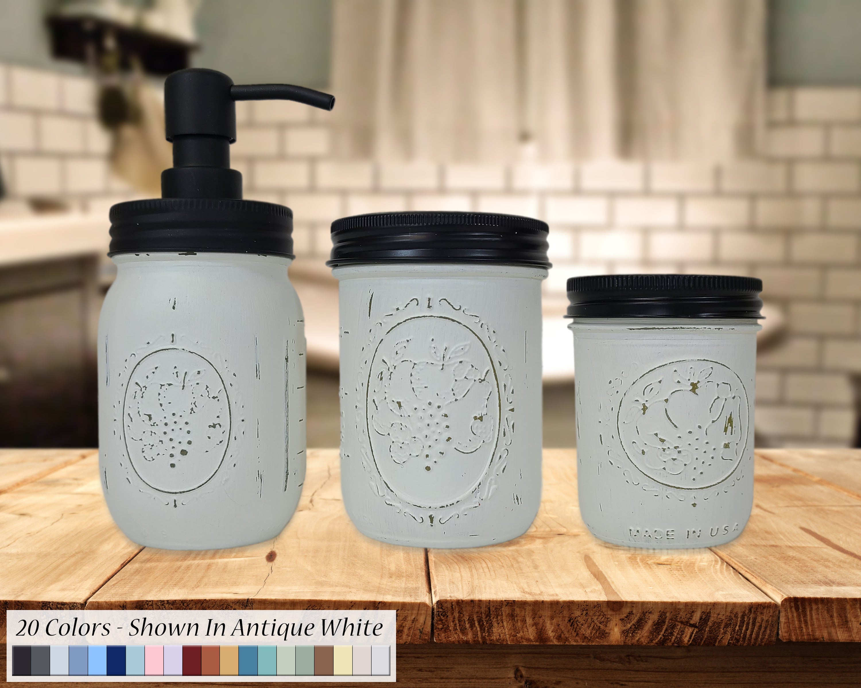Custom Painted Mason Jar Bathroom Set, 20 Paint Colors, Shown in Antique White with Black Lids