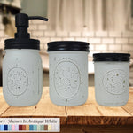 Custom Painted Mason Jar Bathroom Set, 20 Paint Colors, Shown in Antique White with Black Lids
