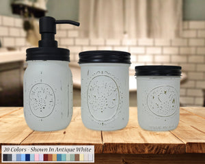 Custom Painted Mason Jar Bathroom Set, 20 Paint Colors, Shown in Antique White with Black Lids