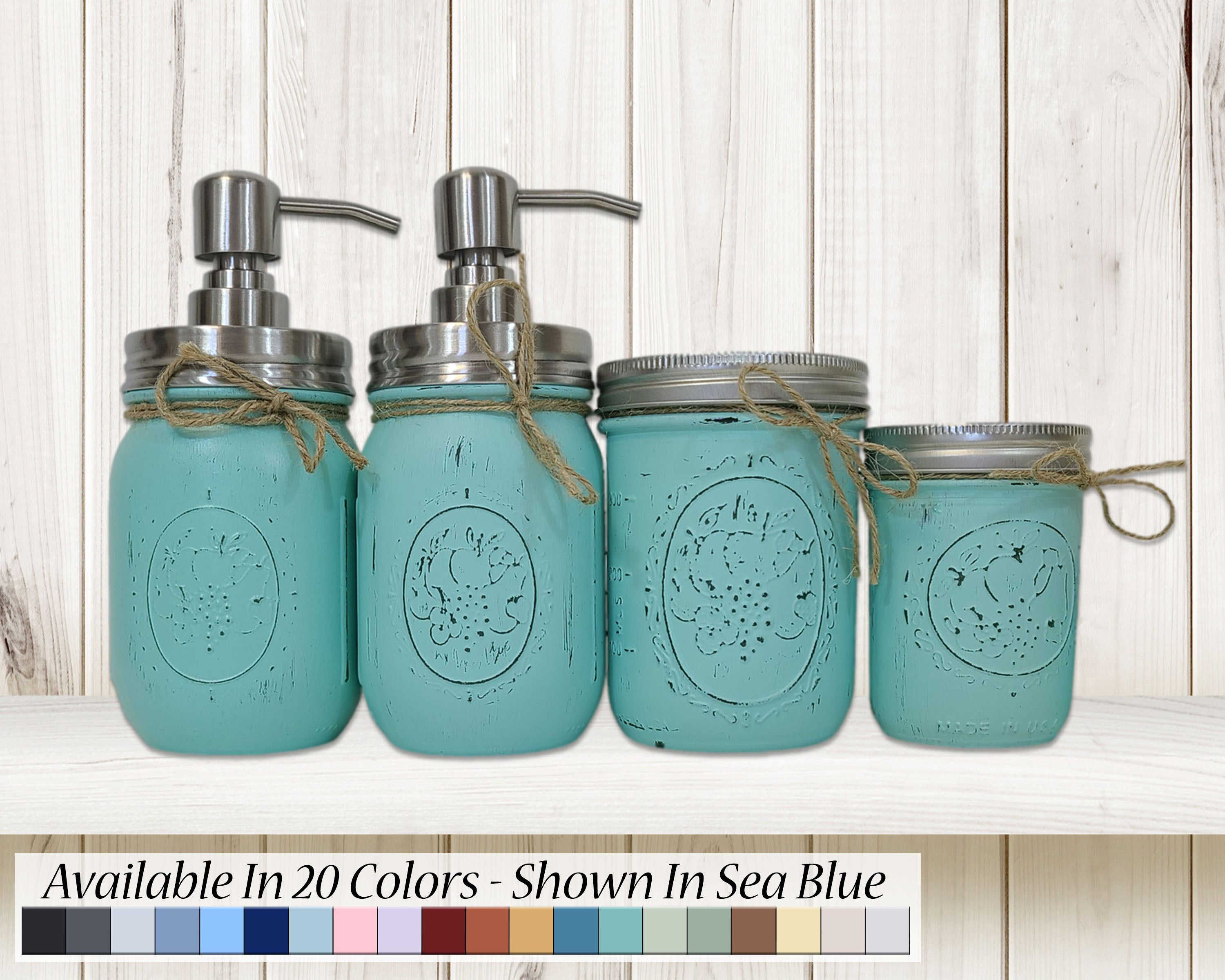 Custom Painted Mason Jar Bathroom Sets, Shown in Sea Blue with Silver Lids