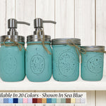 Custom Painted Mason Jar Bathroom Set, 20 Paint Colors, Shown in Sea Blue with Silver Lids