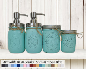 Custom Painted Mason Jar Bathroom Set, 20 Paint Colors, Shown in Sea Blue with Silver Lids