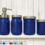 Custom Painted Mason Jar Bathroom Set, 20 Paint Colors, Shown in True Blue with Silver Lids