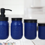 Custom Painted Mason Jar Bathroom Sets, Shown in True Blue with Black Lids, Lane of Lenore