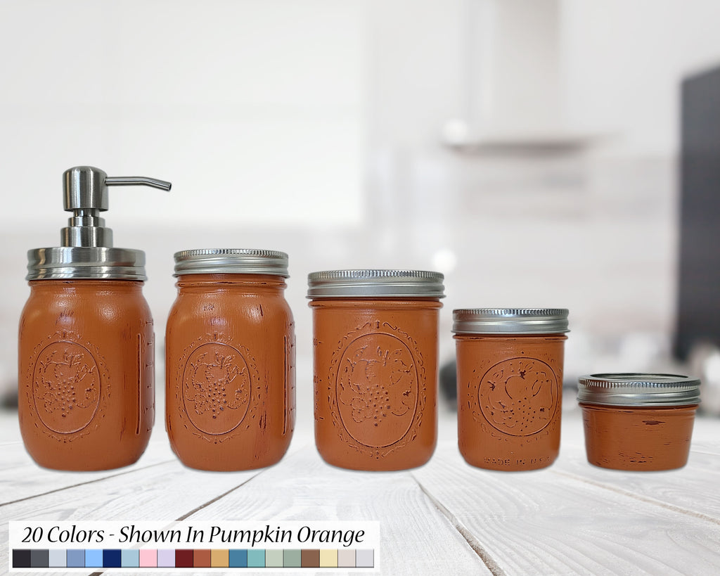 Custom Painted Mason Jar Bathroom Set, 20 Paint Colors, Shown in Burnt Orange with Silver Lids