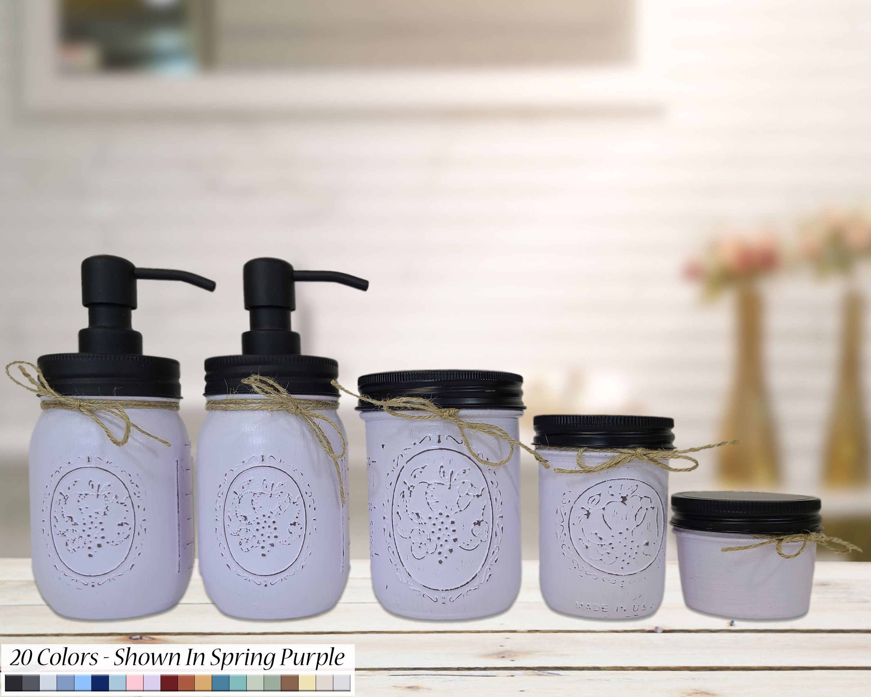 Custom Painted Mason Jar Bathroom Set, 20 Paint Colors, Shown in Spring Purple with Black Lids