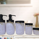 Custom Painted Mason Jar Bathroom Set, 20 Paint Colors, Shown in Spring Purple with Black Lids