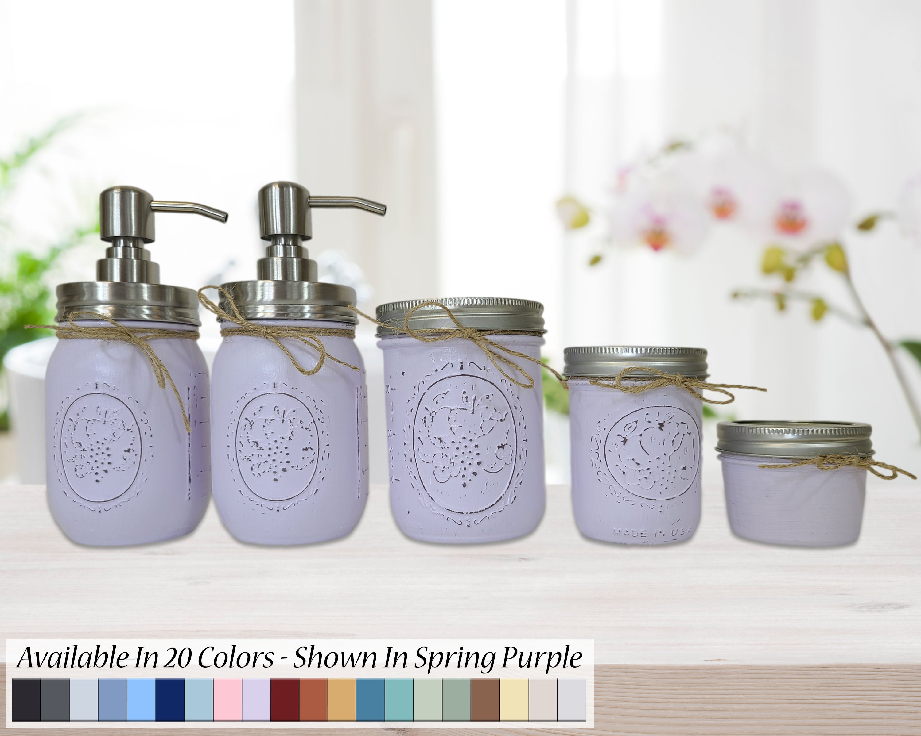 Custom Painted Mason Jar Bathroom Sets, Shown in Spring Purple with Silver Lids