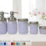 Custom Painted Mason Jar Bathroom Sets, Shown in Spring Purple with Silver Lids