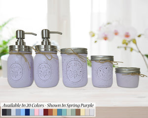 Custom Painted Mason Jar Bathroom Sets Spring Purple with Silver Lids
