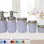 Custom Painted Mason Jar Bathroom Set, 20 Paint Colors, Shown in Spring Purple with Silver Lids