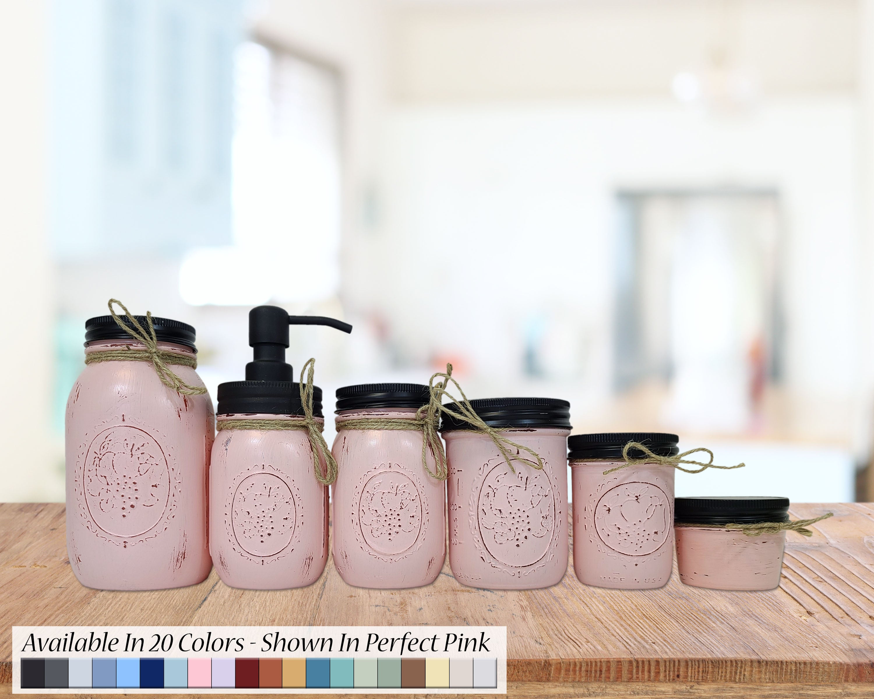 Custom Painted Mason Jar Bathroom Set, 20 Paint Colors, Shown in Perfect Pink with Black Lids