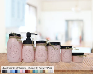Custom Painted Mason Jar Bathroom Set, 20 Paint Colors, Shown in Perfect Pink with Black Lids