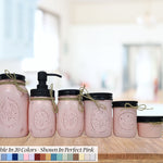 Custom Painted Mason Jar Bathroom Set, 20 Paint Colors, Shown in Perfect Pink with Black Lids