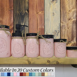 Custom Painted Mason Jar Bathroom Sets, Shown in Perfect Pink with Black Lids, Lane of Lenore