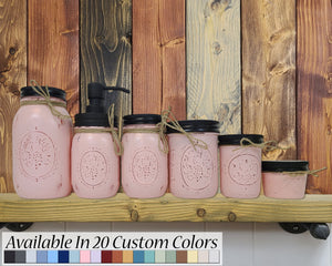 Custom Painted Mason Jar Bathroom Sets, Shown in Perfect Pink with Black Lids, Lane of Lenore
