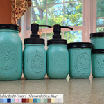 Custom Hand Painted Mason Jar Set with Pump Lids, Shown in Sea Blue with Black Lids